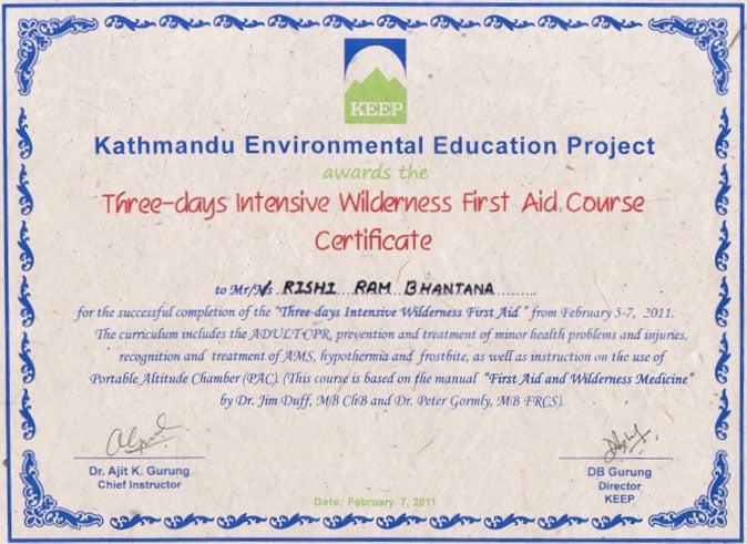 Intensive wilderness First Aid Course Certificate