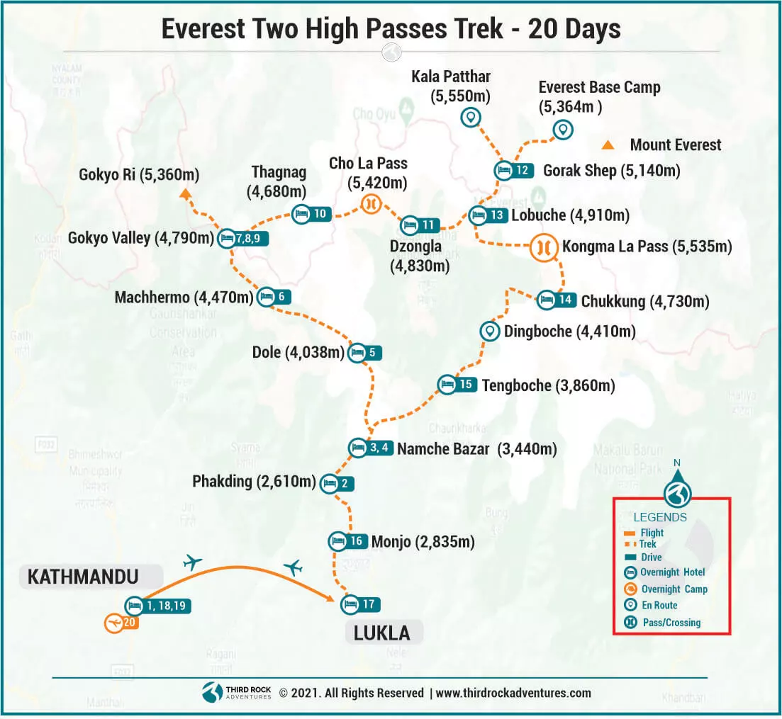 Route Map for Everest Two High Passes Trek 