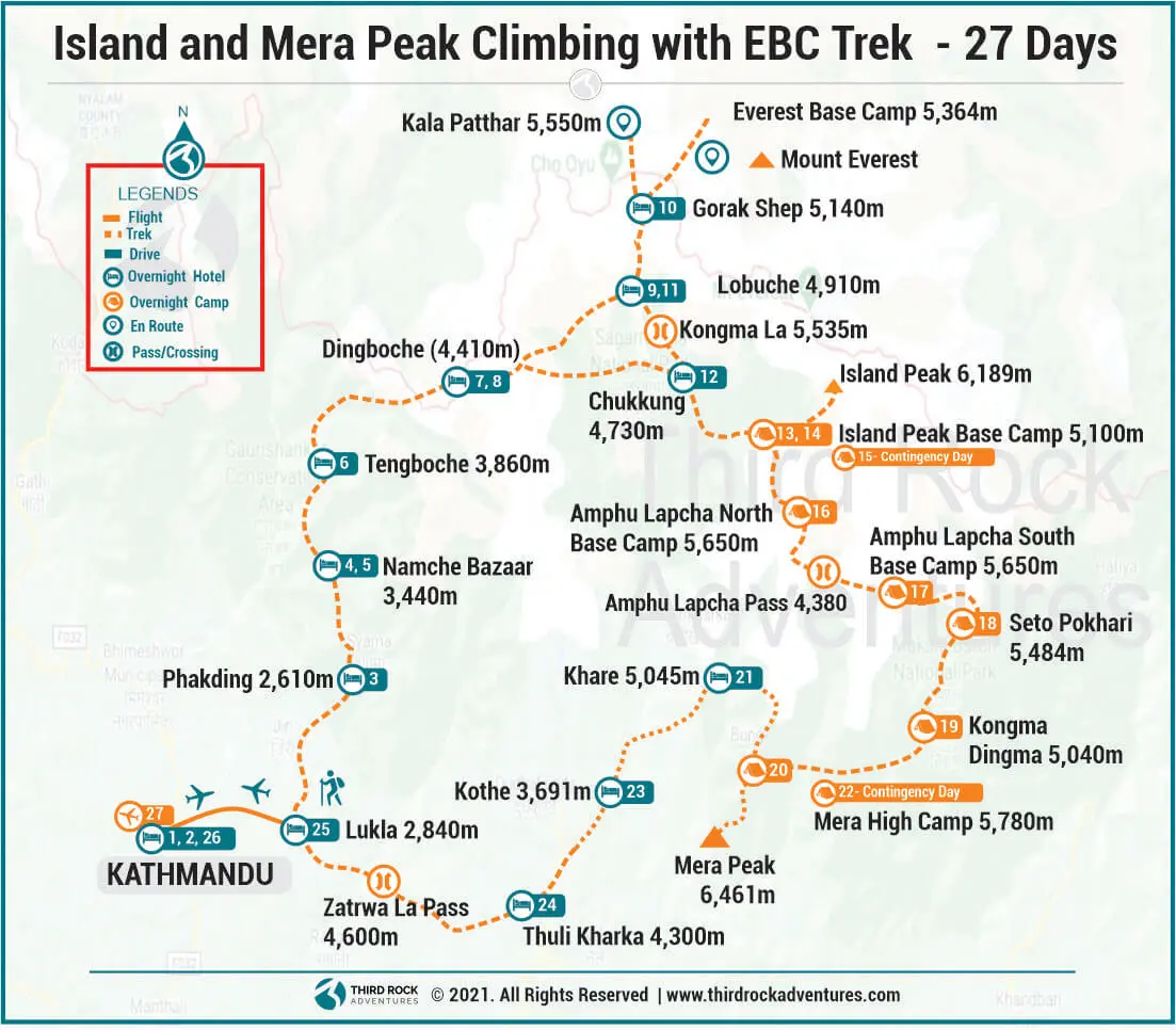 Route map for Island and Mera Peak Climbing with EBC Trek