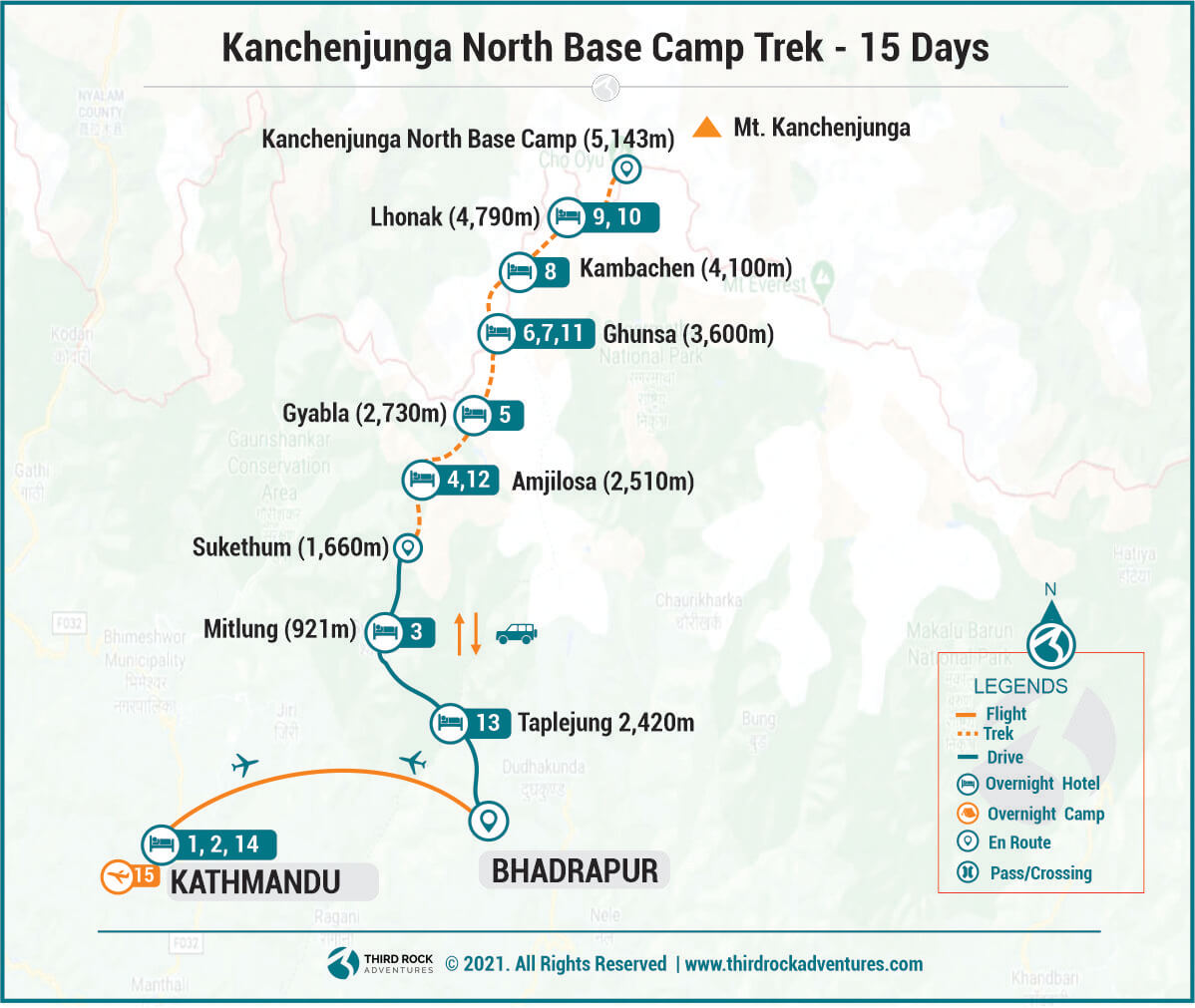 Route map for Kanchenjunga North Base Camp Trek
