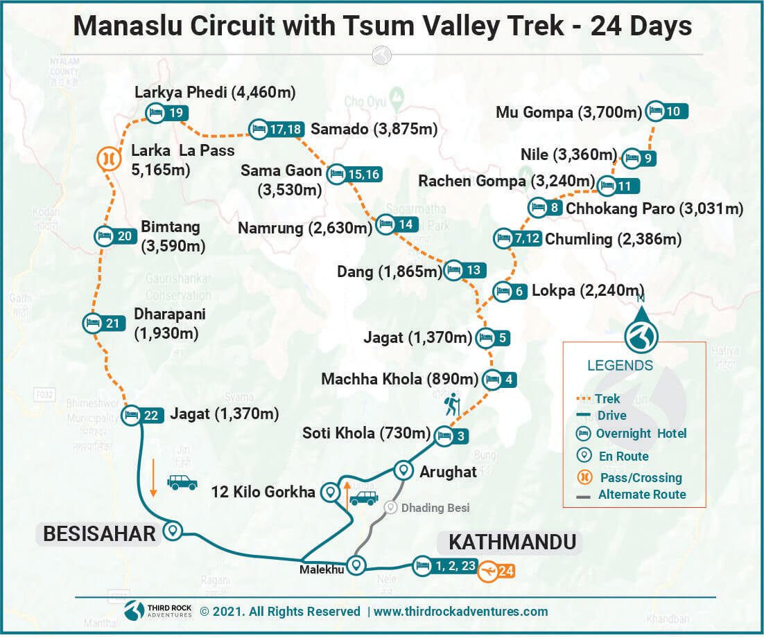 Manaslu Circuit with Tsum Valley Trek Route Map