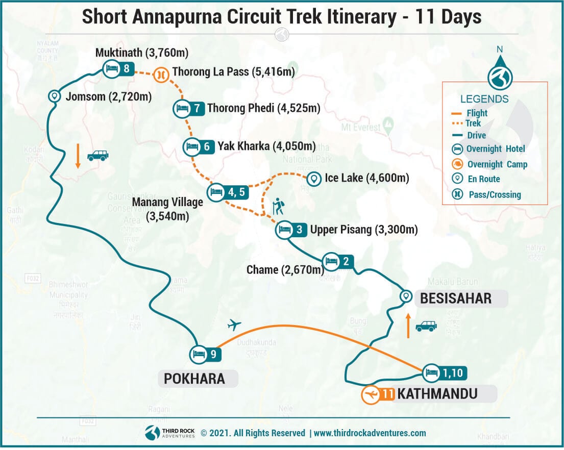 Route Map for Short Annapurna Circuit Trek Itinerary