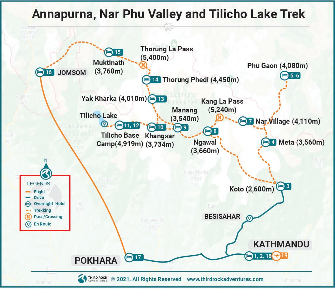 Annapurna, Nar Phu Valley and Tilicho Lake Trek Route Map