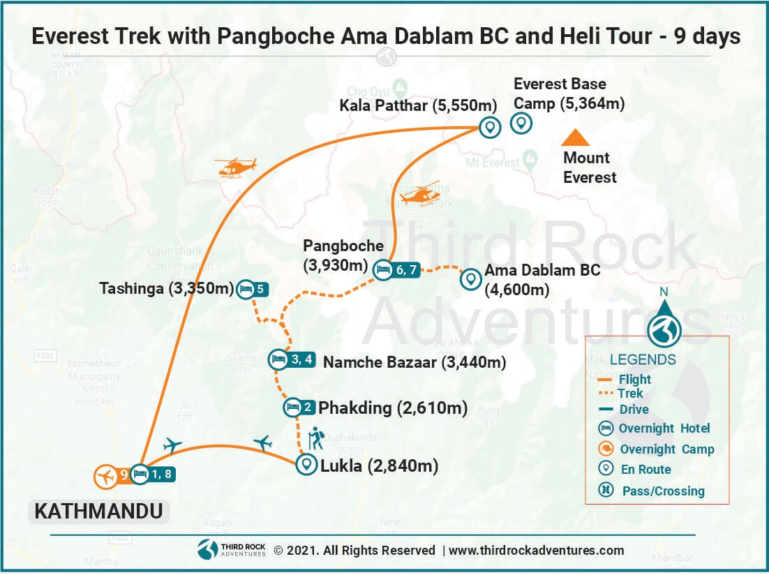 Route Map for Everest Trek with Pangboche Ama Dablam BC and Heli Tour